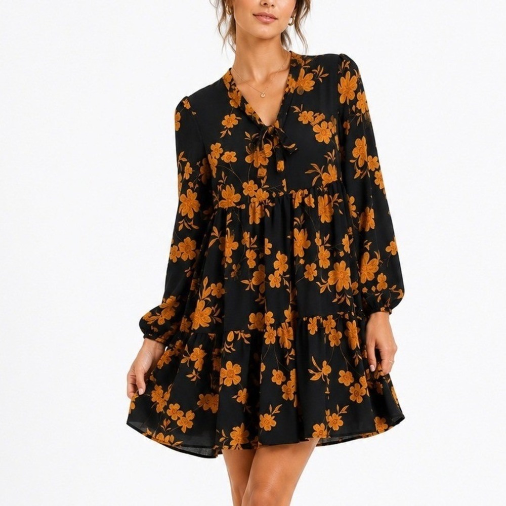 Sanctuary‎ Whimsigoth Prairie Tiered Dress Black Mustard Floral Tie Neck S NEW